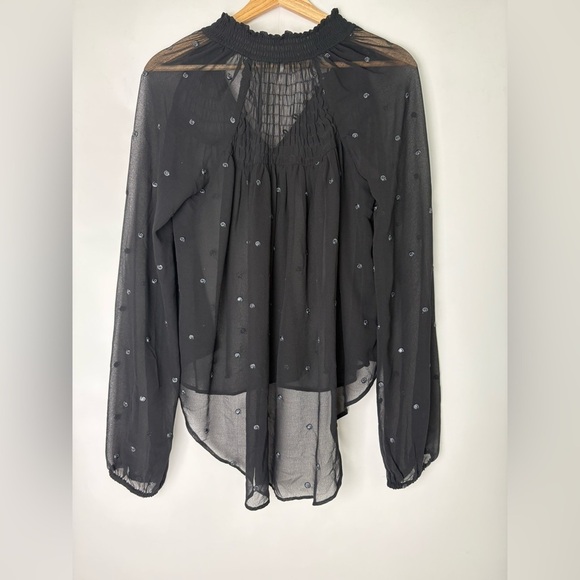 Free People Ready To Run Sheer Smocked Dot Georgette Hi-Lo Top - Picture 3 of 6